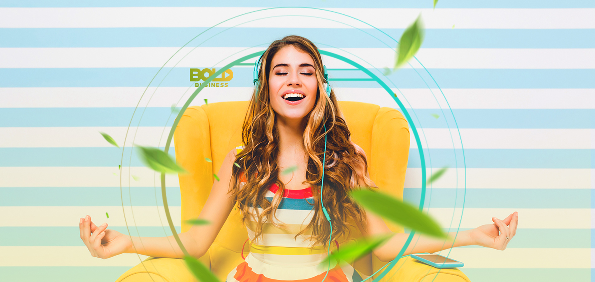 a photo of a woman with closed eyes and wide smile thinking about meditation and health