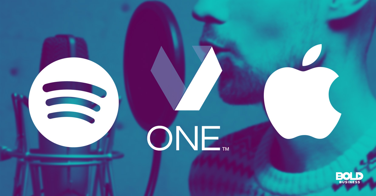 a photo of the company logos of Apple, Veritone One and Spotify in relation to the rising trend of companies recognizing the benefits of podcasts and the benefits of podcasting for business