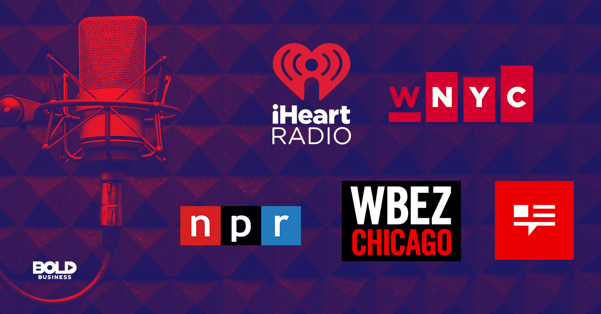 a photo of the company logos of National Public Radio (NPR), WNYC Studios, WBEZ Chicago and This American Life in relation to the rising trend of companies recognizing the benefits of podcasts and the benefits of podcasting for business
