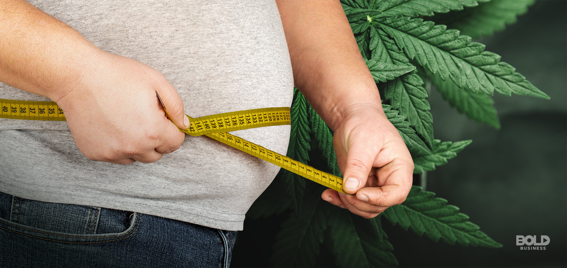 a man using a measuring tape to measure his waist line amid the discussion on marijuana and obesity
