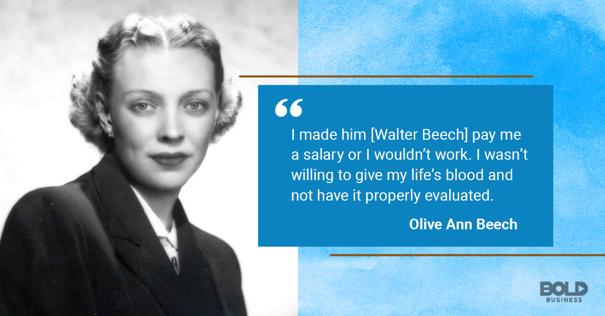 a photo quote of Olive Ann Beech on working hard and her pay or salary