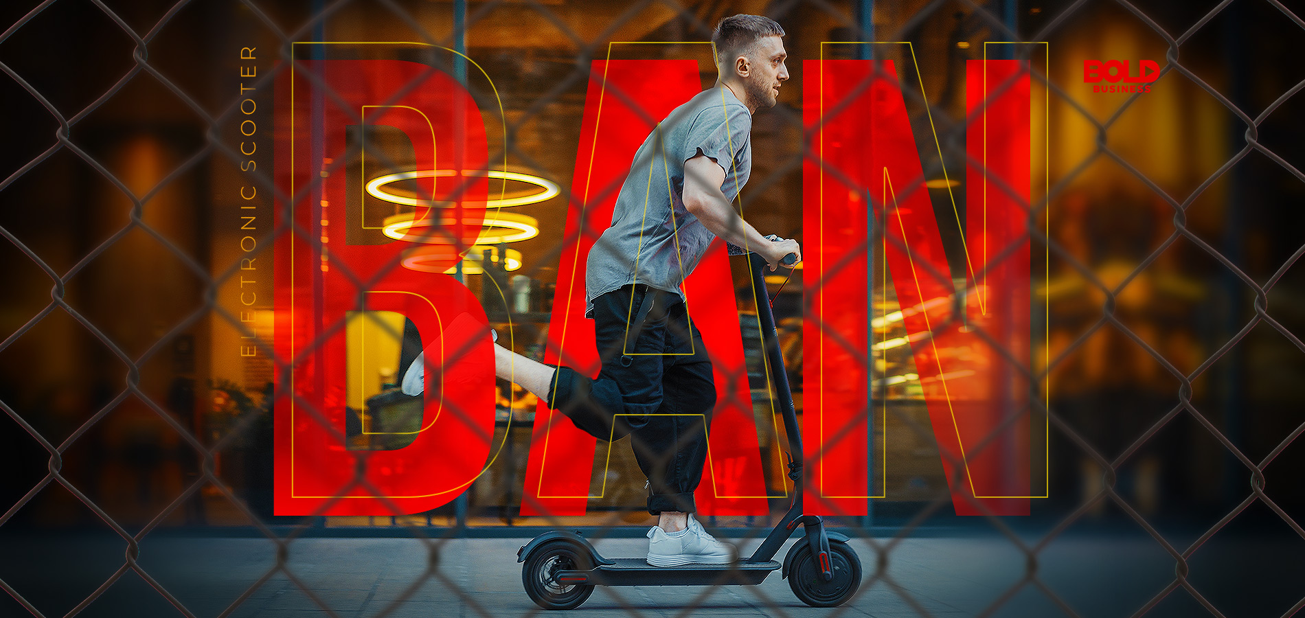 electric scooter ban, man in gray shirt using a scooter with the word ban on the background