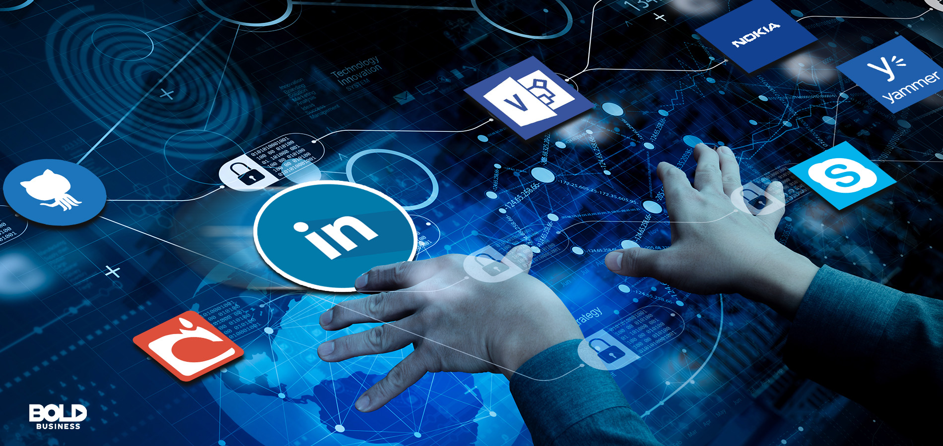 a photo of a man's hands navigating the software applications like LinkedIn and Office 360 on a hologram screen in blue amid the reality of Microsoft's Linkedin Strategy