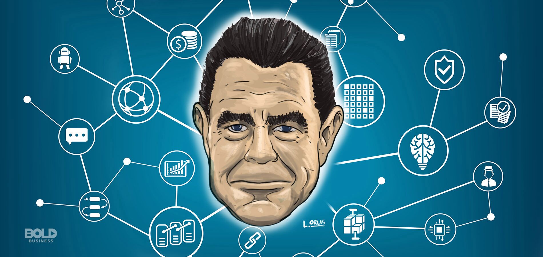 Philip Goodeve's head surrounded by a blockchain web amid the reality of FinTech startups and cryptocurrency trends