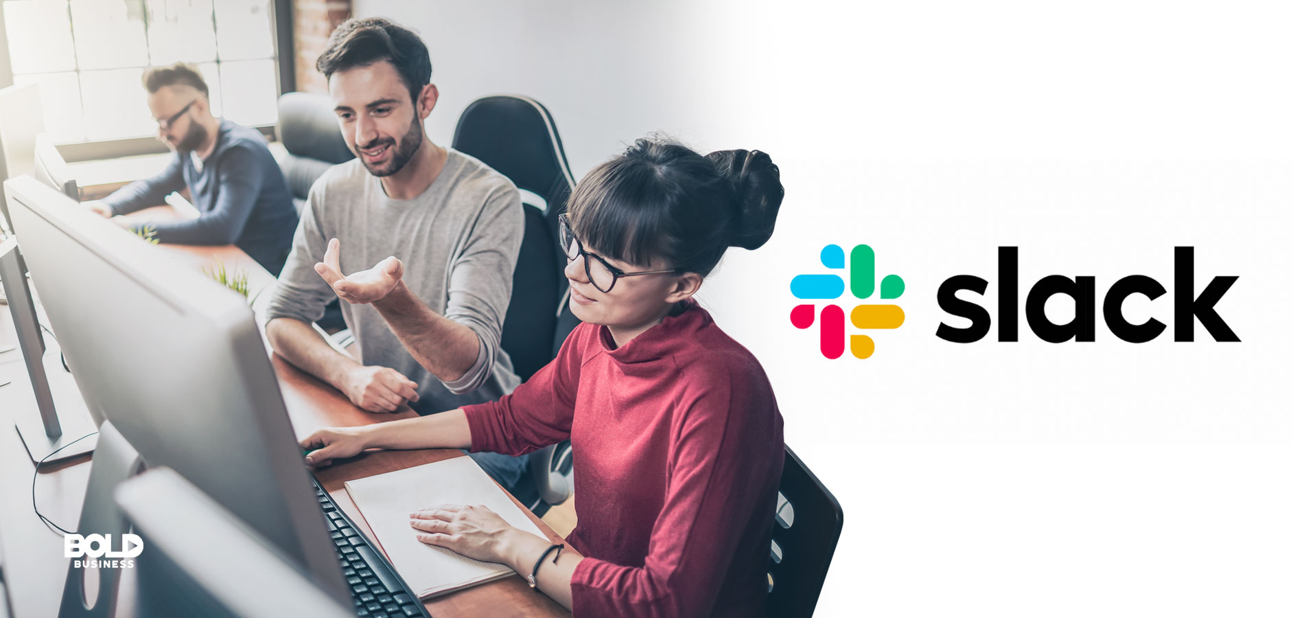 an image with the company logo of Slack Technologies beside a photo of two men and one woman working on their laptops in front of them