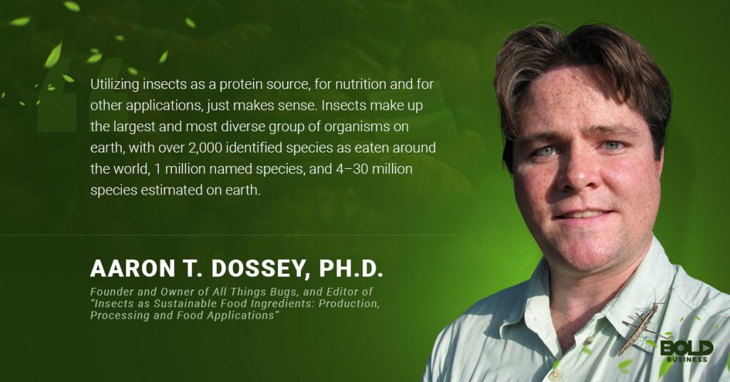 a photo quote of Aaron Dossey about utilizing edible bugs as a protein source