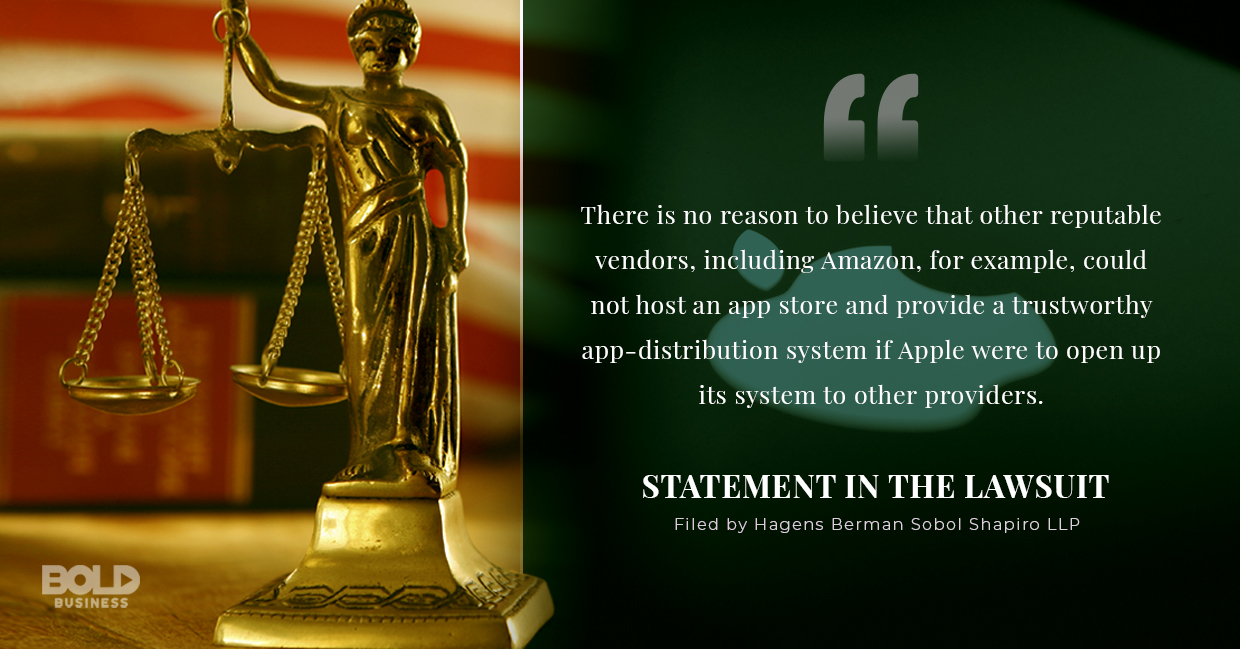 a photo quote containing a statement from the lawsuit filed against Apple amid the hot topic of Apple apps and the Apple App Store