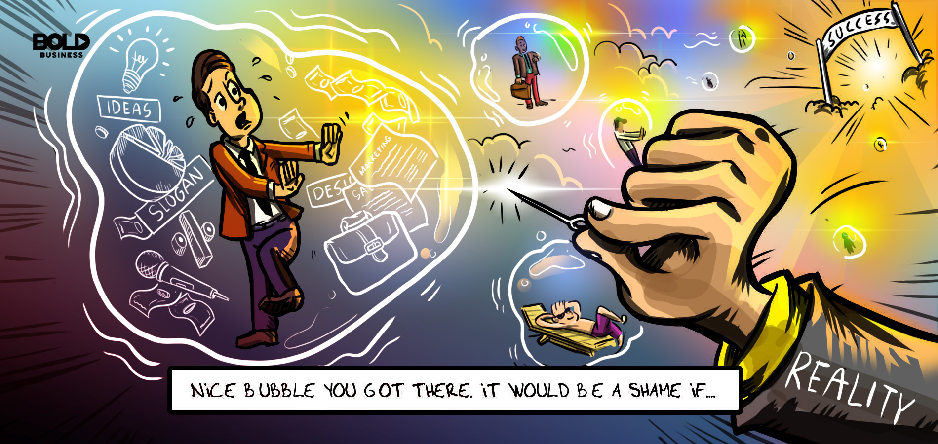 Cartoon of guy in an entrepreneurial bubble