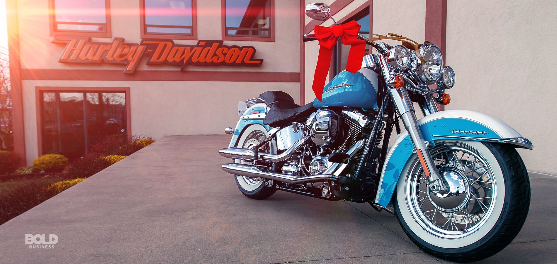 a photo of a Harley Davidson big bike parked in front of a Harley Davidson storefront amid the question of what a Harley Davidson rider might look like in the future