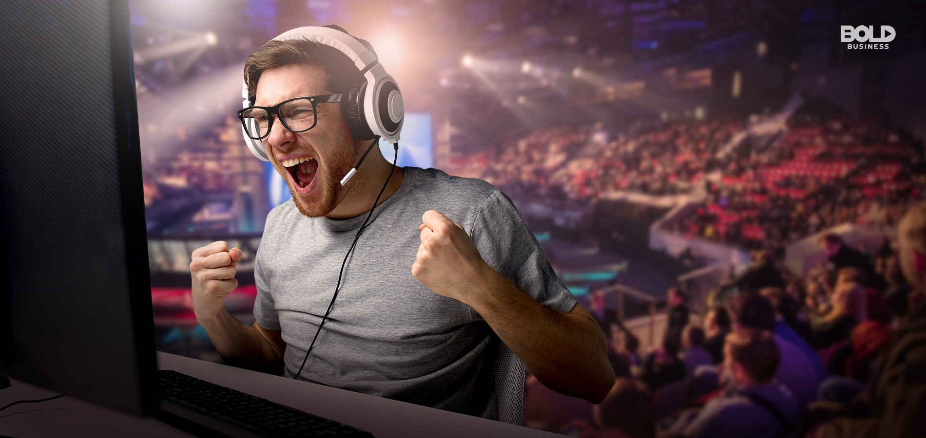 a photo of an esports industry gamer yelling in delight at scoring during a live, real-time esports tournament that's watched by a large audience behind him