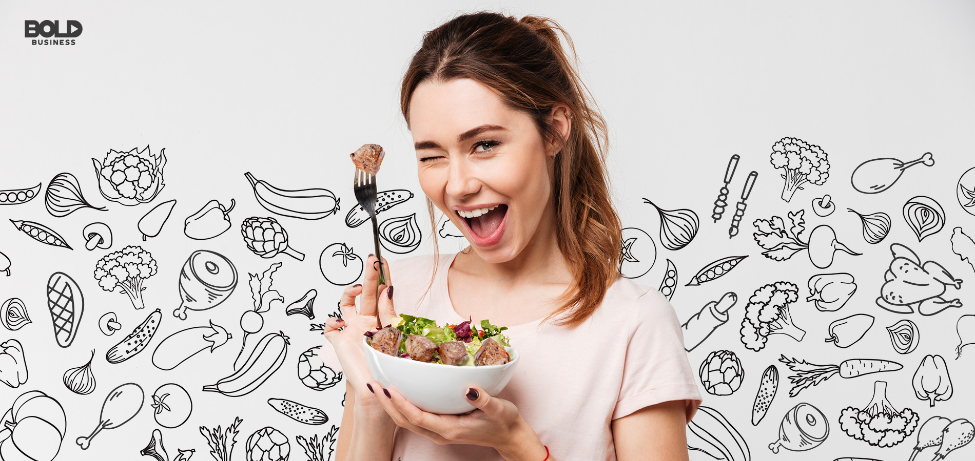 a photo of a woman holding up a fork with a piece of meat and a bolw filled with an assortment of vegetables and meat to depict what a flexitarian diet looks like