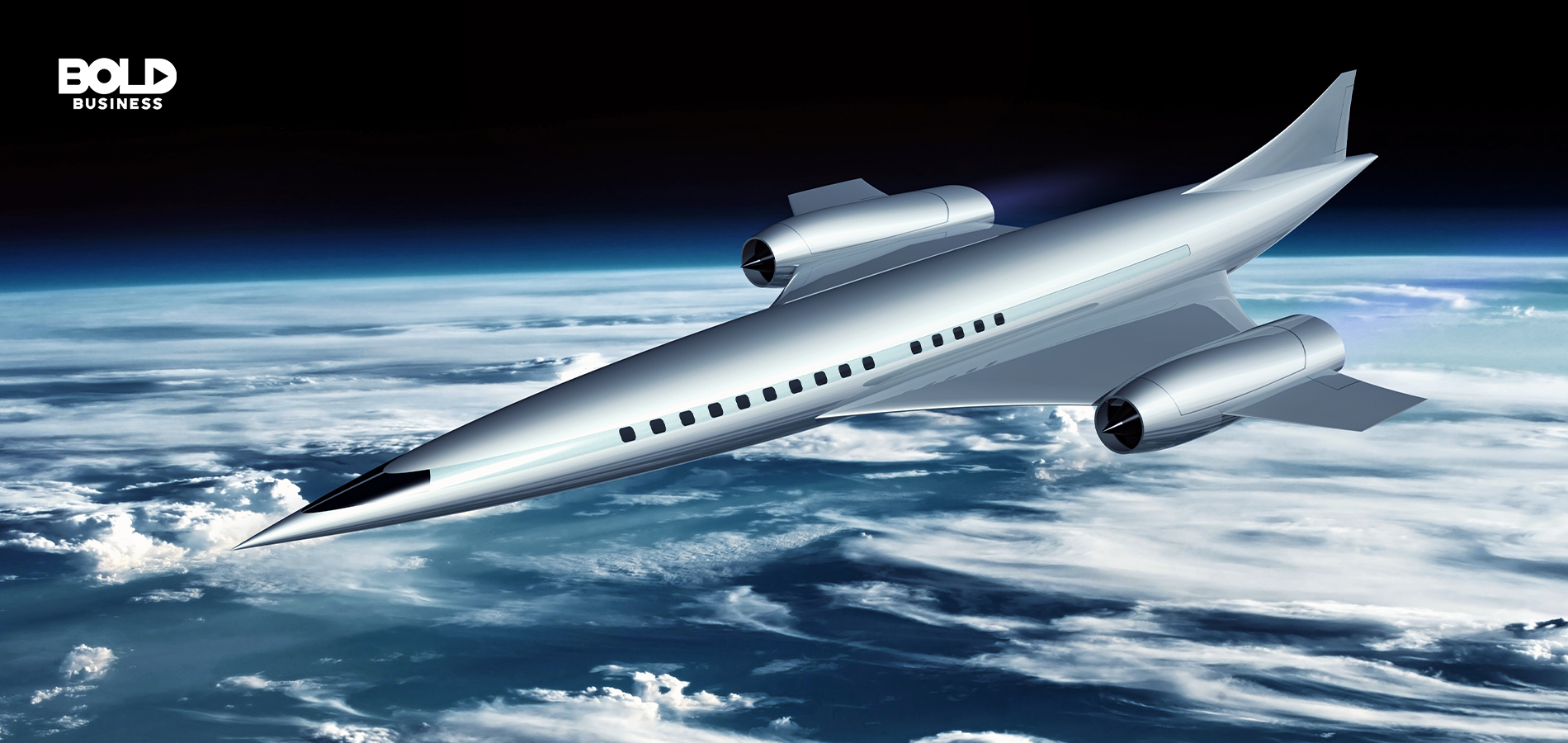 a photo of a hypersonic transport airplane soaring the just above the Earth's atmosphere in outer space