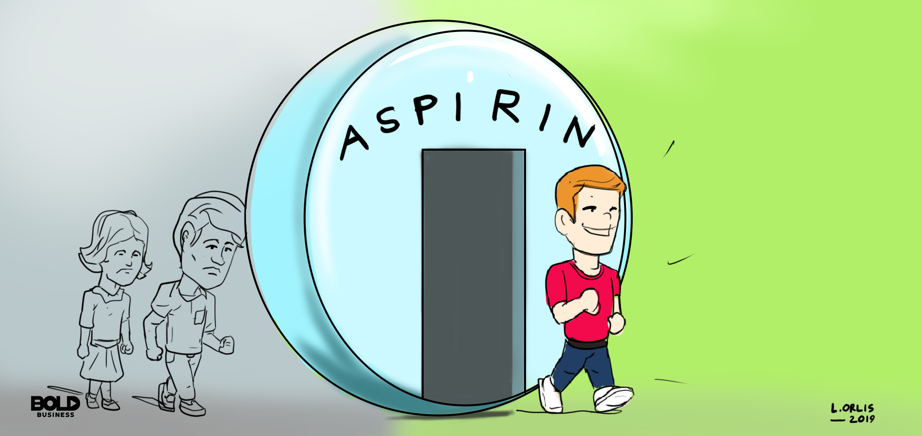 Cartoon of a man walking through an aspirin tablet.