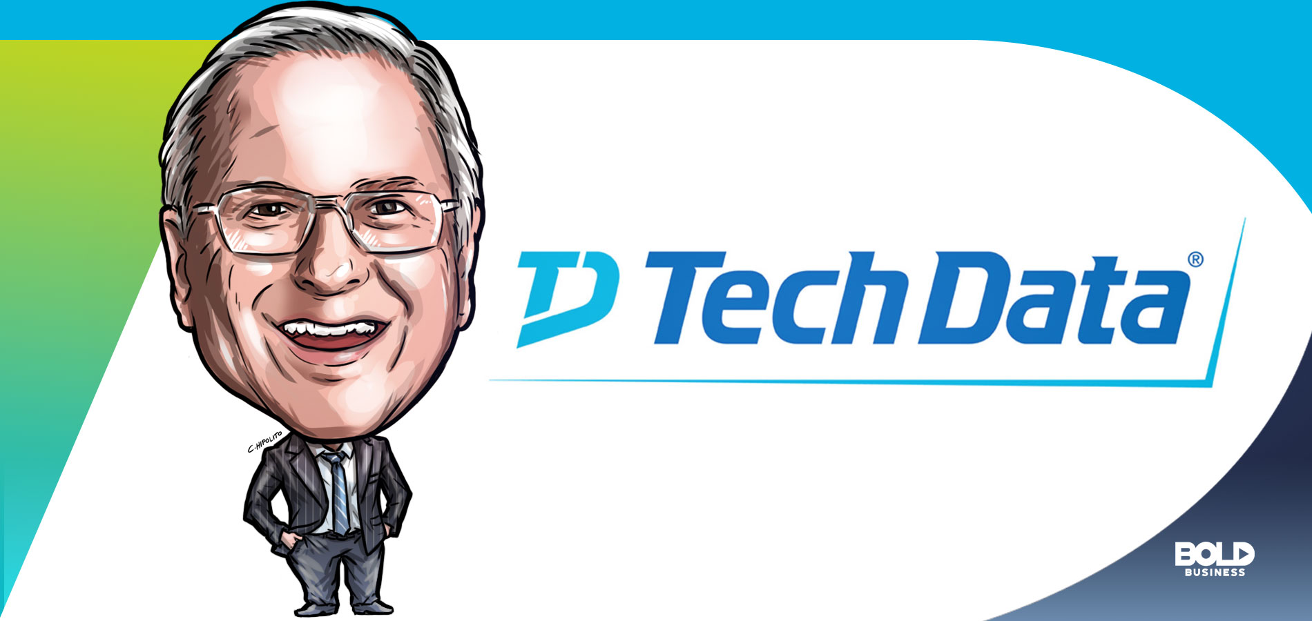 cartoon caricature of Bob Dutkowsky, Executive Chairman of Tech Data, posing as the bold leader spotlight of the week