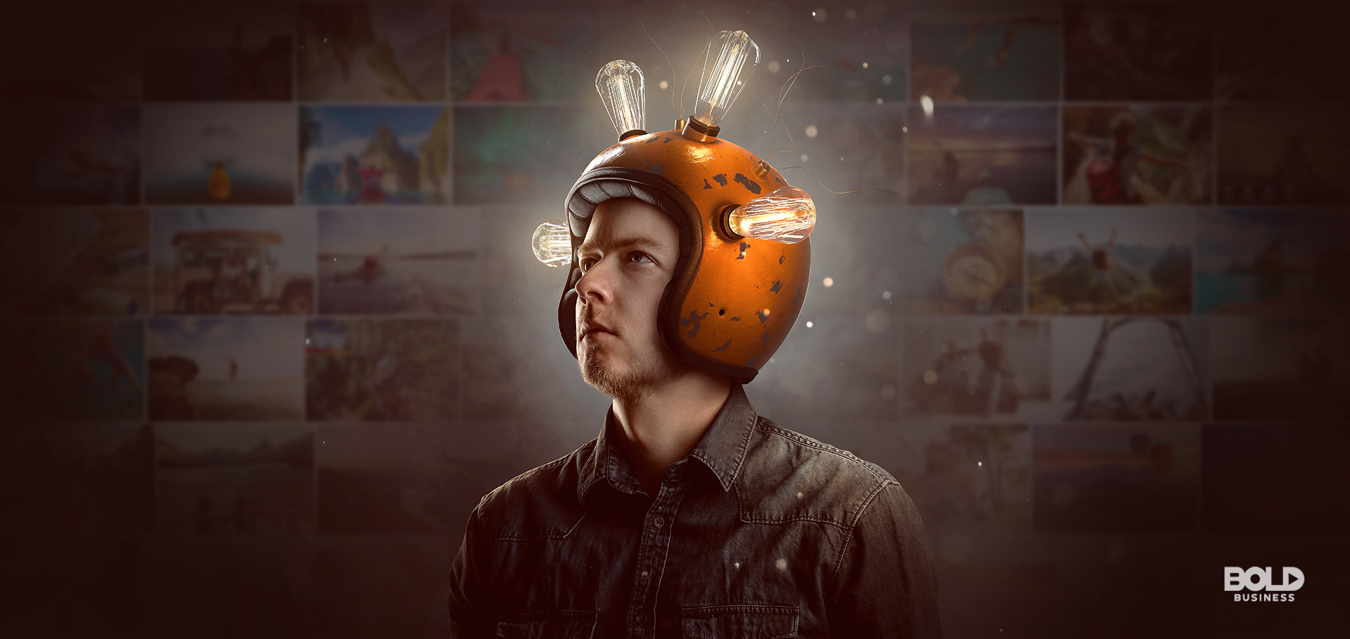 a photo of a man wearing a helmet with lighted bulbs, symbolizing the advancements in brain computer interface today