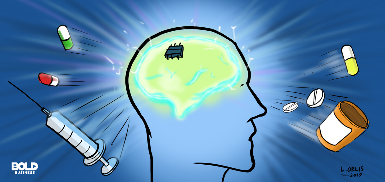 cartoon drawing of a man's head with a chip implanted in his brain as part of the process for brain stimulation therapy