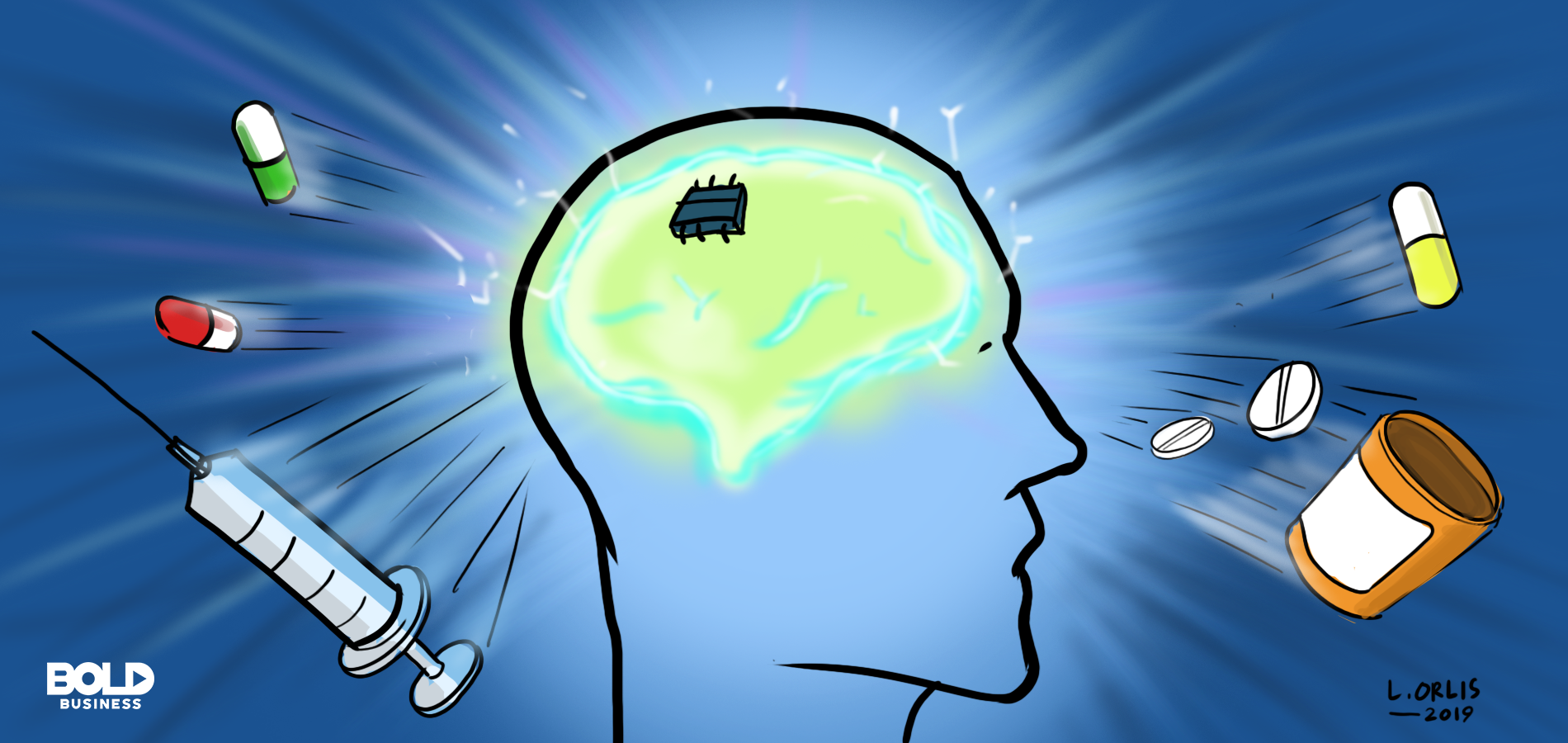 cartoon drawing of a man's head with a chip implanted in his brain as part of the process for brain stimulation therapy