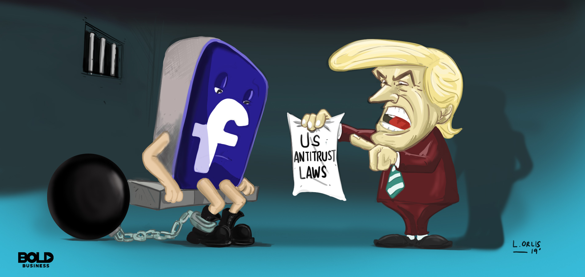 cartoon of Donald Trump holding out a note related to Facebook antitrust problems and pointing to a sad FB logo in prison