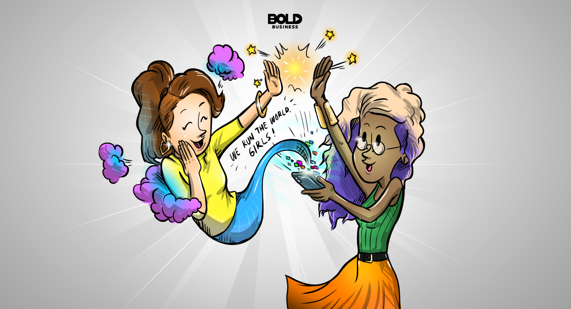 cartoon of a woman looking at female health apps on her phone while a female genie rises from the phone and high-fives her
