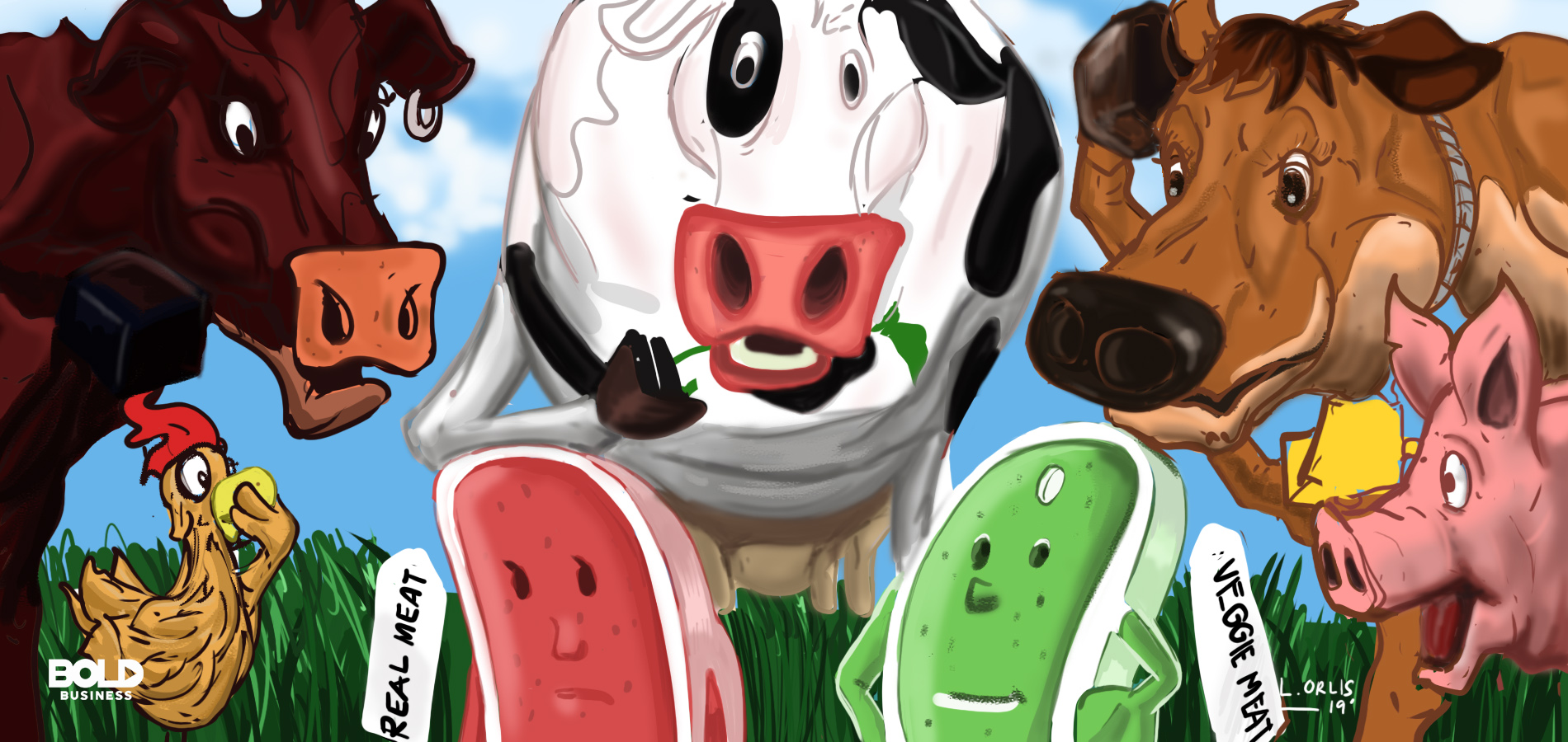 a cartoon of meat sources, cows, chicken, and pork looking surprised at veggie meat