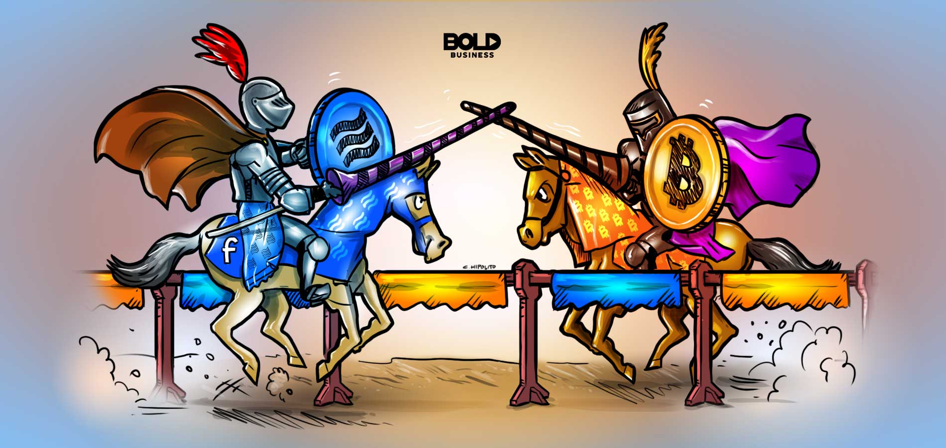 facebook libra coin versus bitcoin in knights joust duel cartoon