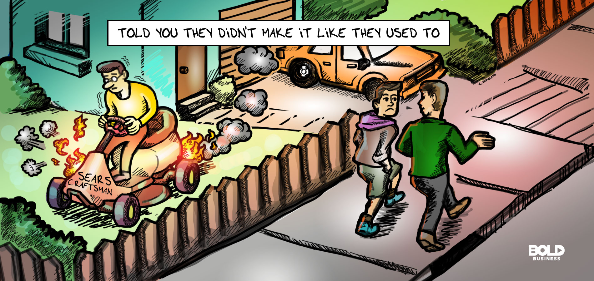 a cartoon of sear’s craftsman product malfunctioning, two passersby talking bad about sears