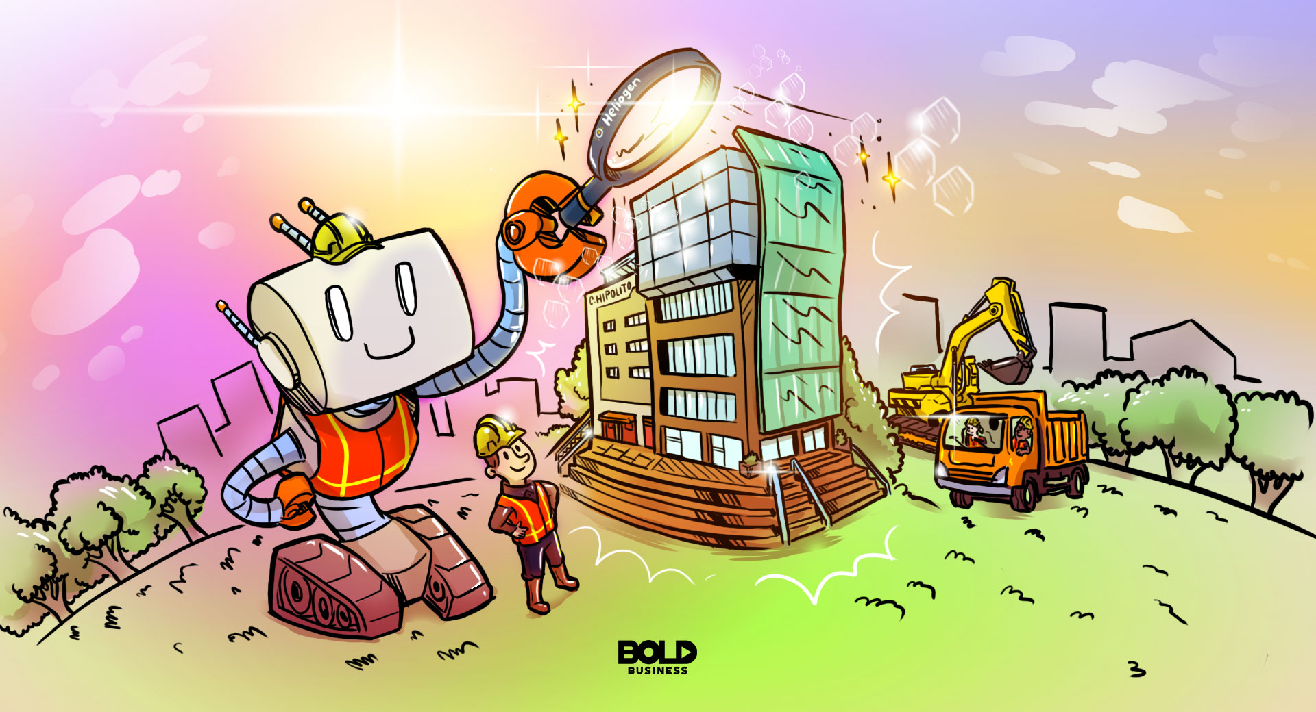 cartoon of a giant AI robot using a magnifying glass to direct the sun's light to a building using solar energy for heat
