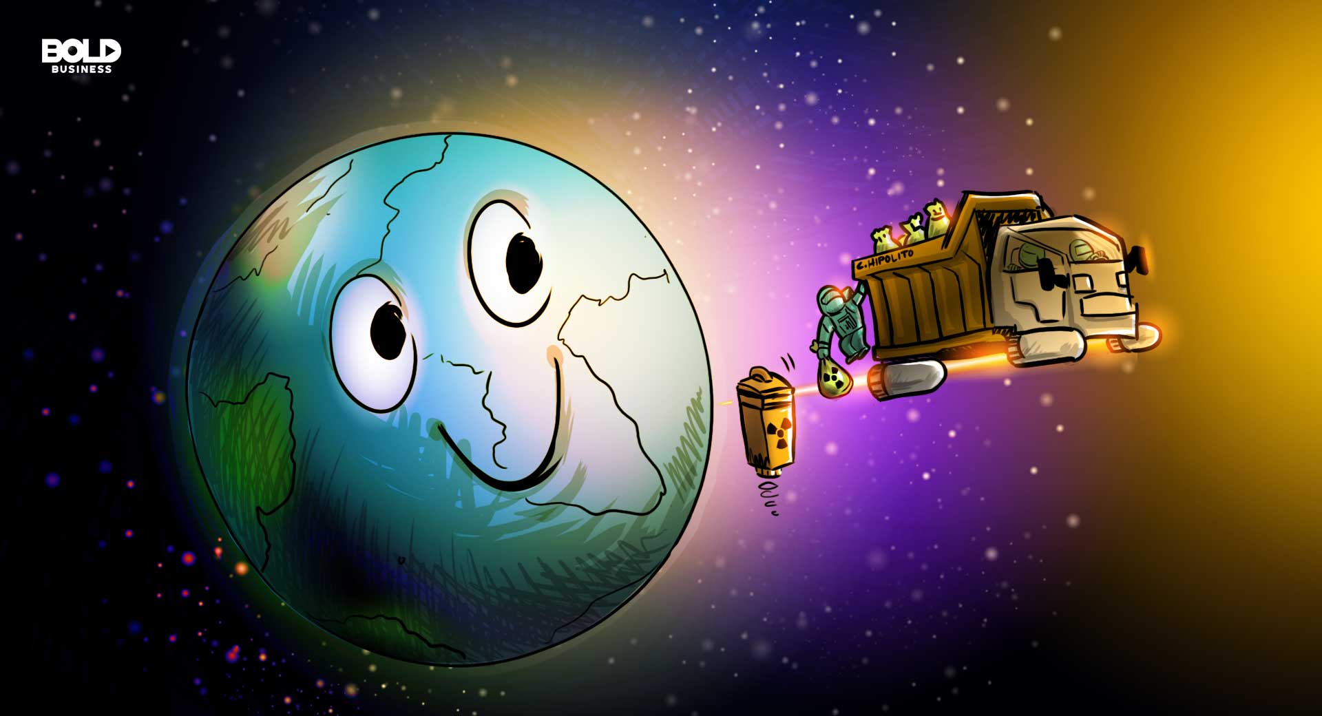 a cartoon of a space garbage truck dumping waste away from earth
