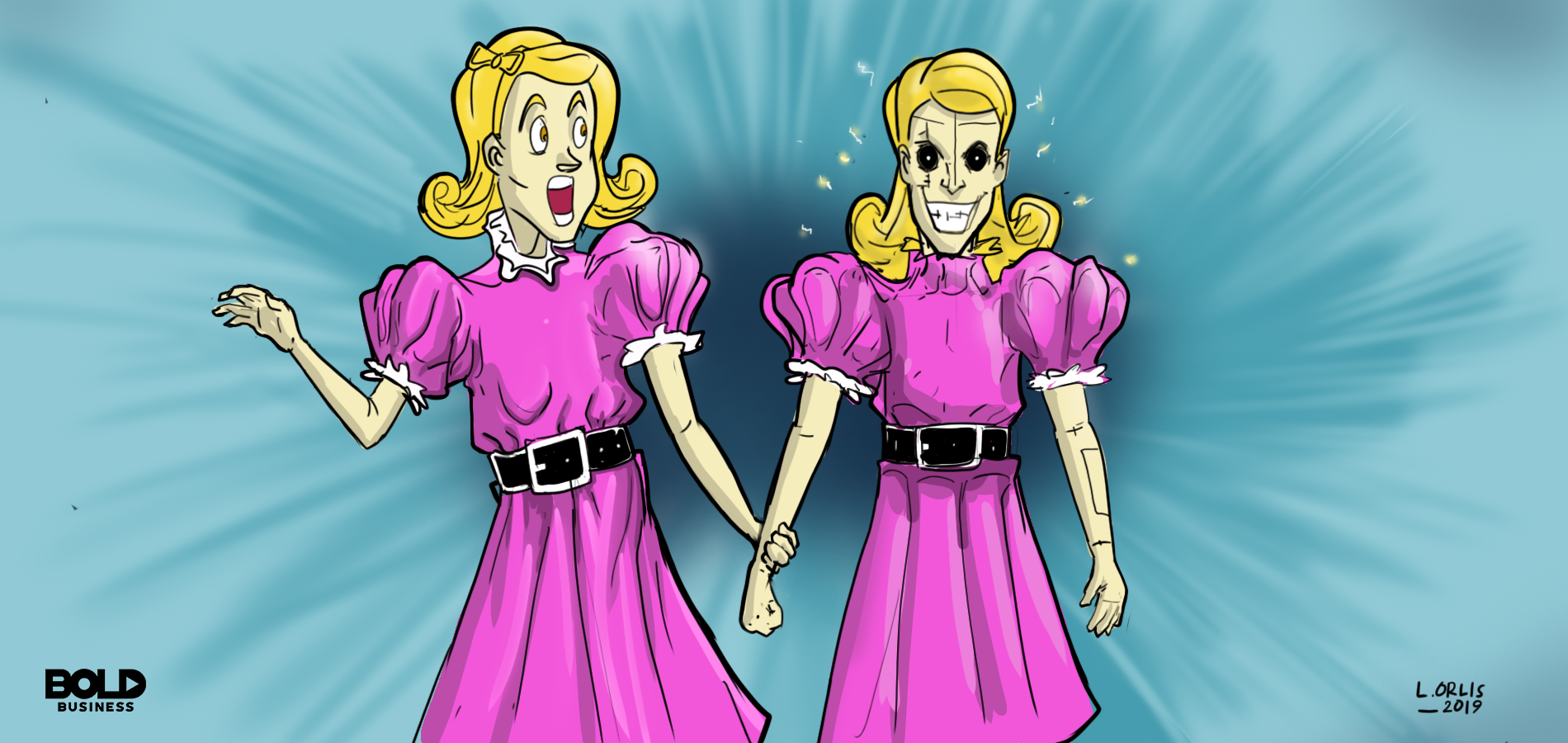 Robot clones in purple dresses