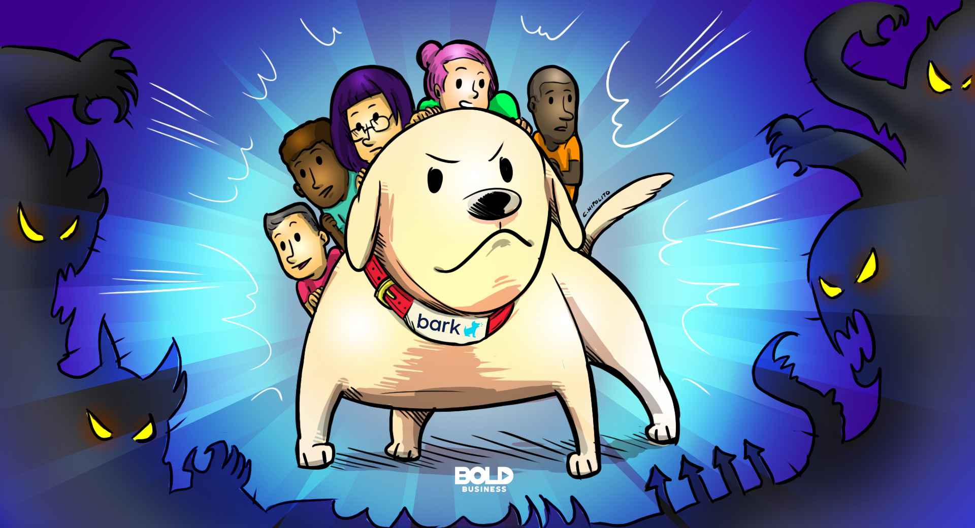 a cartoon of a dog barking and protecting children from cyberbullying