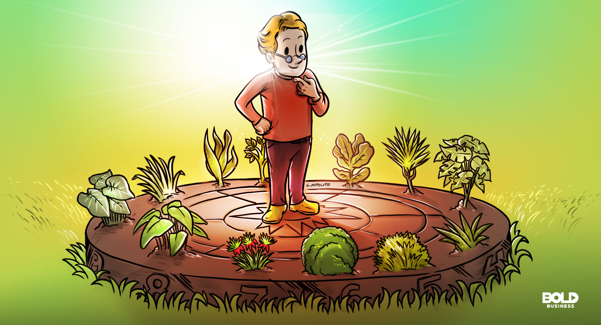 cartoon of an aging man thinking about human longevity while standing on a huge sun dial surrounded by plants with telomerase