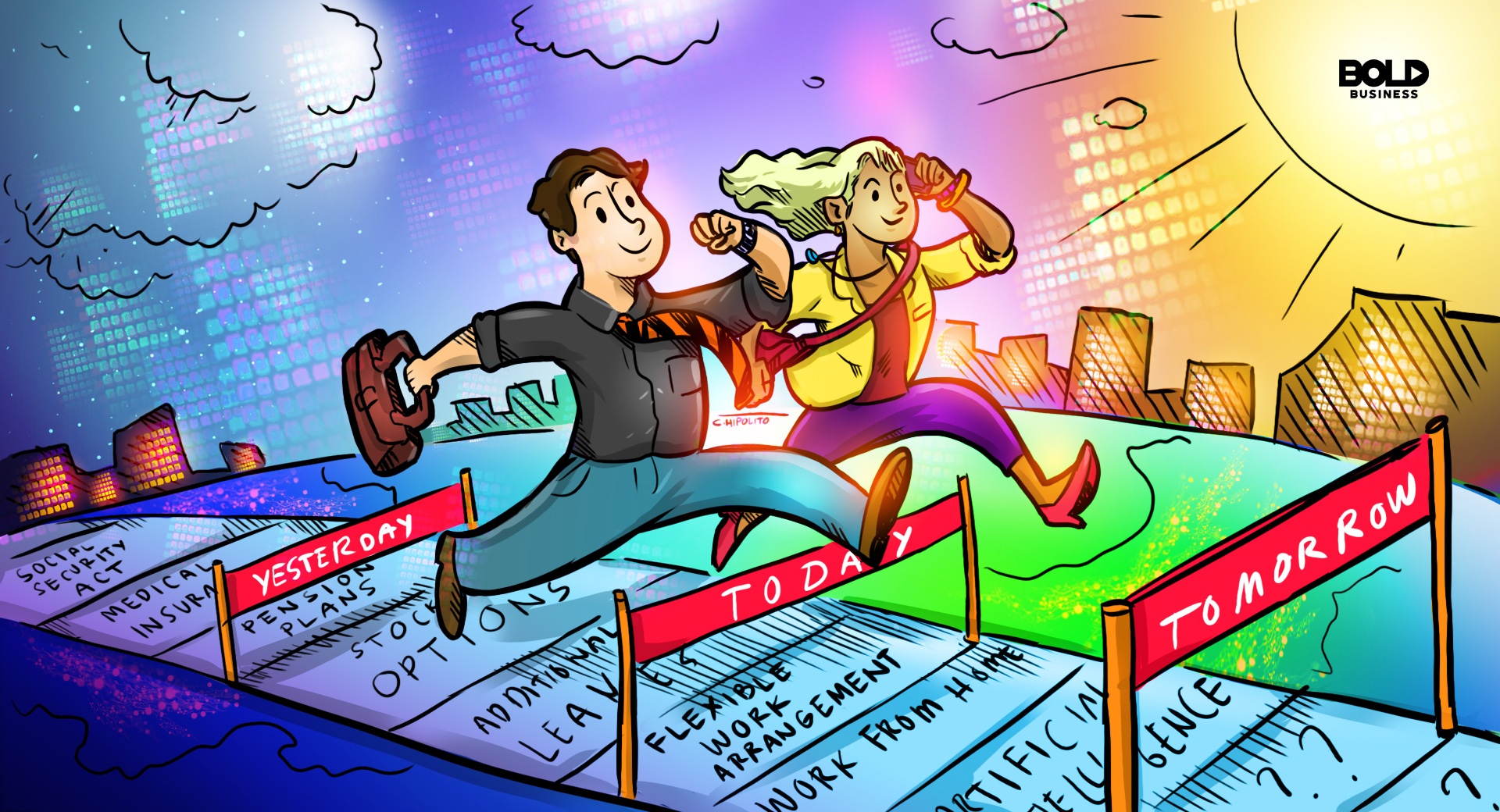 a cartoon of top talents leaping from the evolving employee benefits of yesterday, today, and tomorrow.