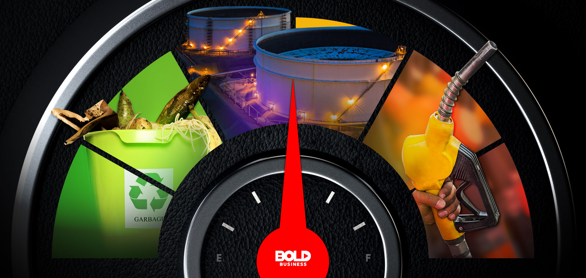 a photo of a car engine's gas tank gauge with images showing fuel made from food-recycling efforts