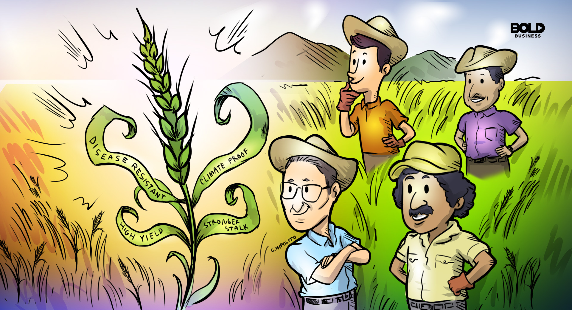 a cartoon norman borlaug’s disease resistant wheat strain that has a higher yield has helped mexican farmers in 1963