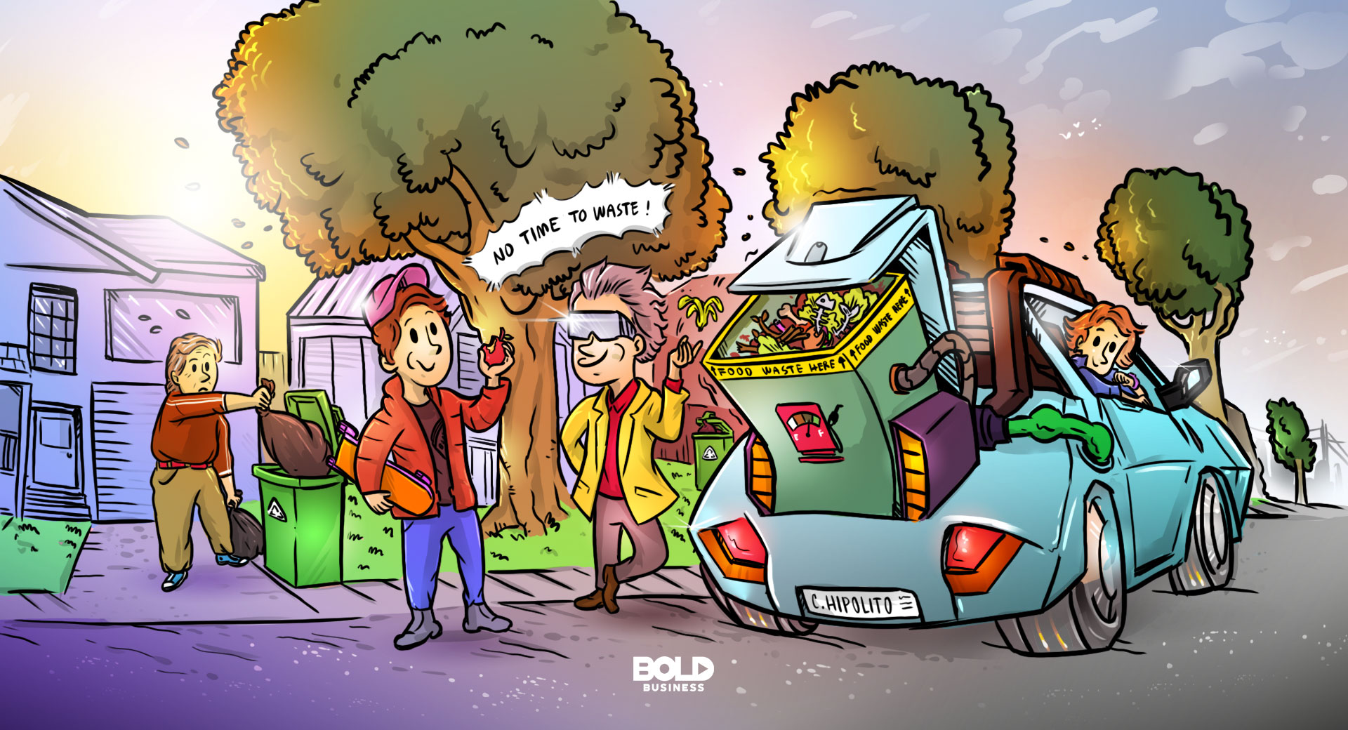 cartoon of two men recycling food waste for fuel for their car parked along a suburban street