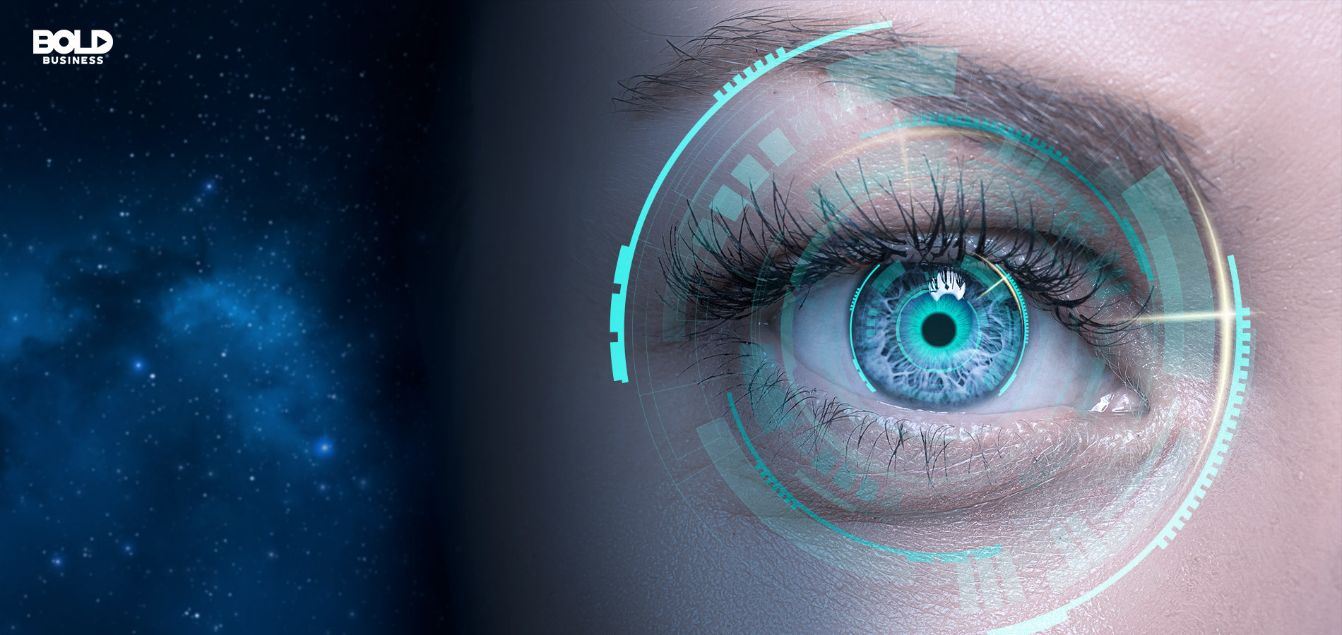 a photo of a woman's eye wearing smart contact lens beside an image of the universe