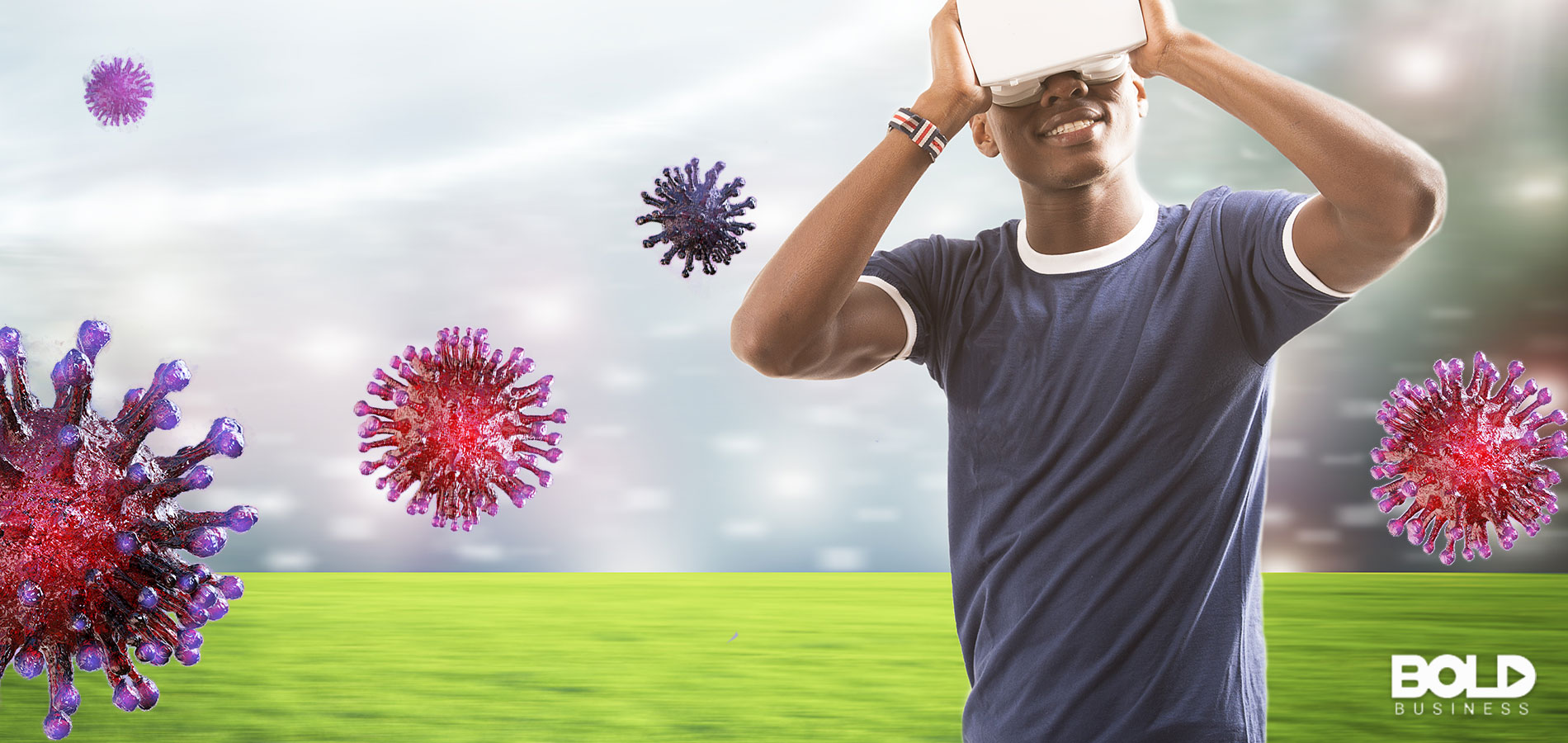 Some dude using VR goggles while coronavirus hovers around him