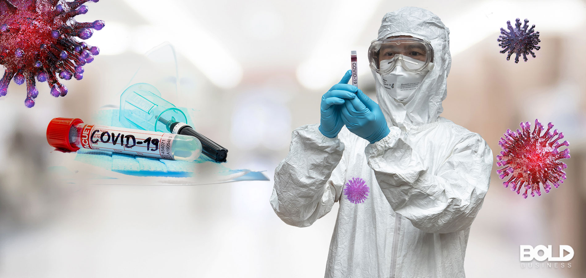 A scientist in a hazmat suit with a vial of COVID-19