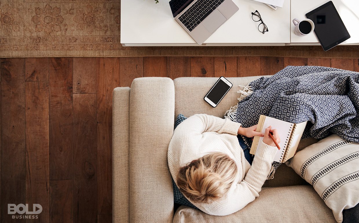 Overhead view of someone working on their couch, as one does