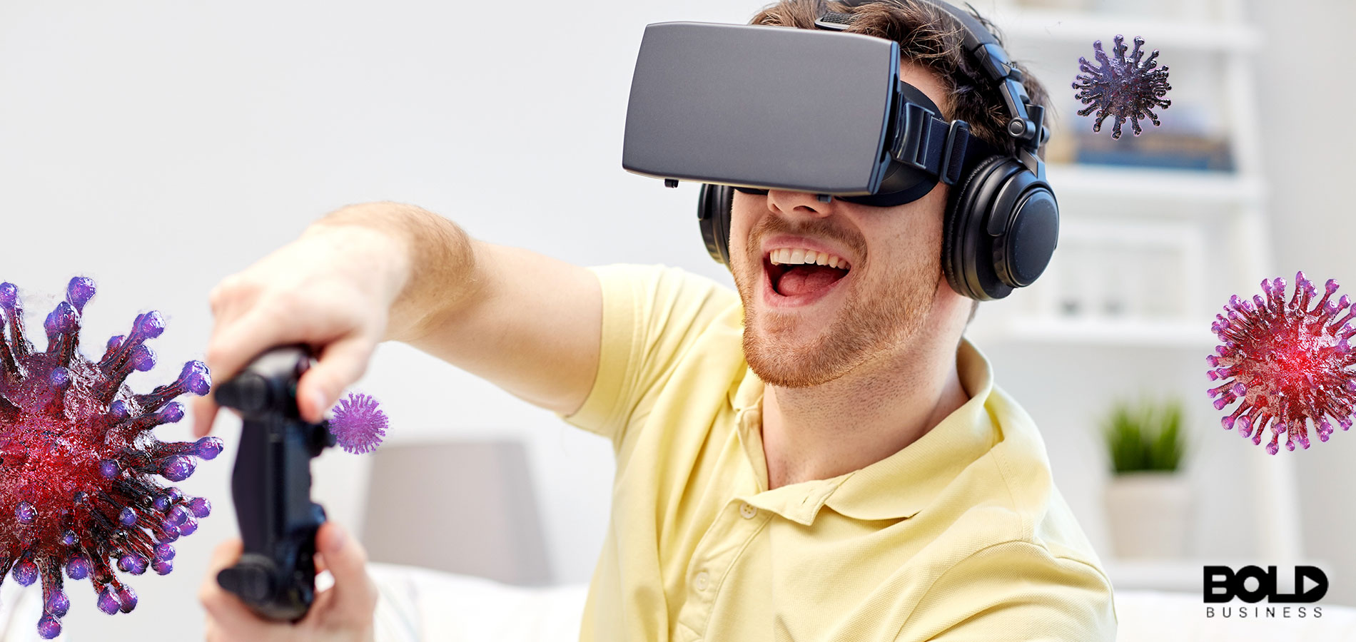 Some dude playing a virtual game in VR goggles