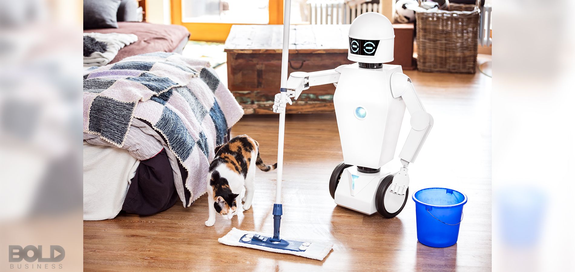 A robot clean up a mess while a pet looks on