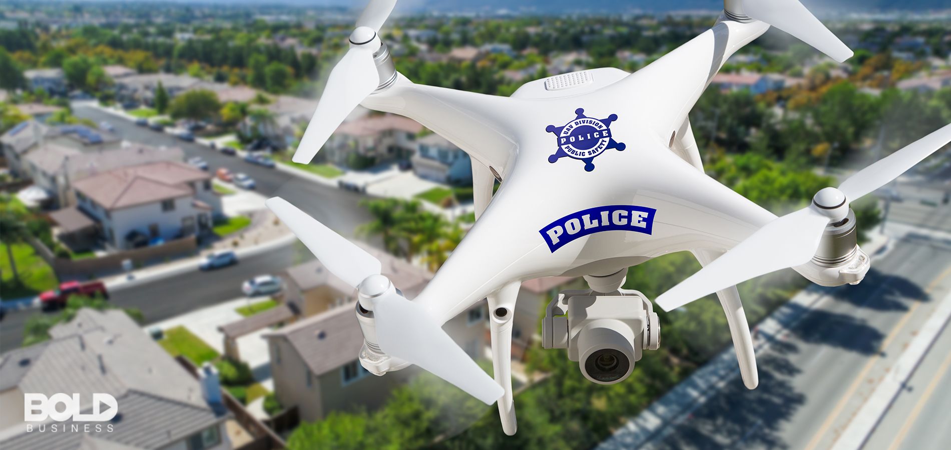 A close-up of a police drone in the air