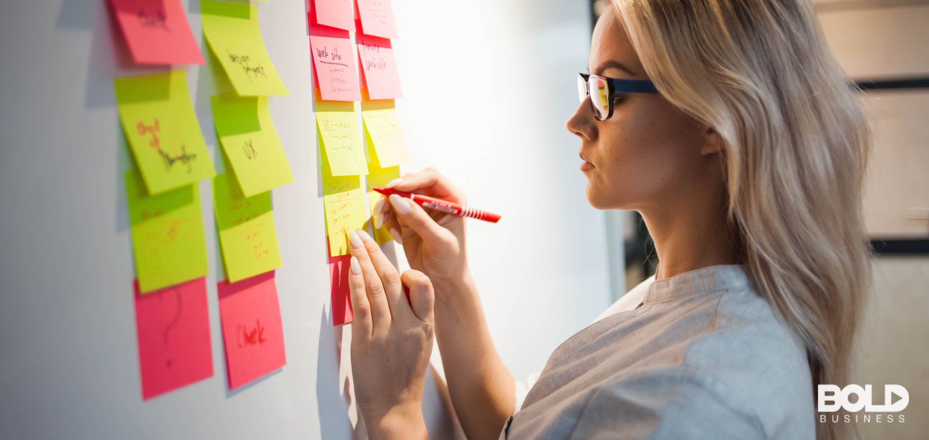 a woman plotting out her business on post-its