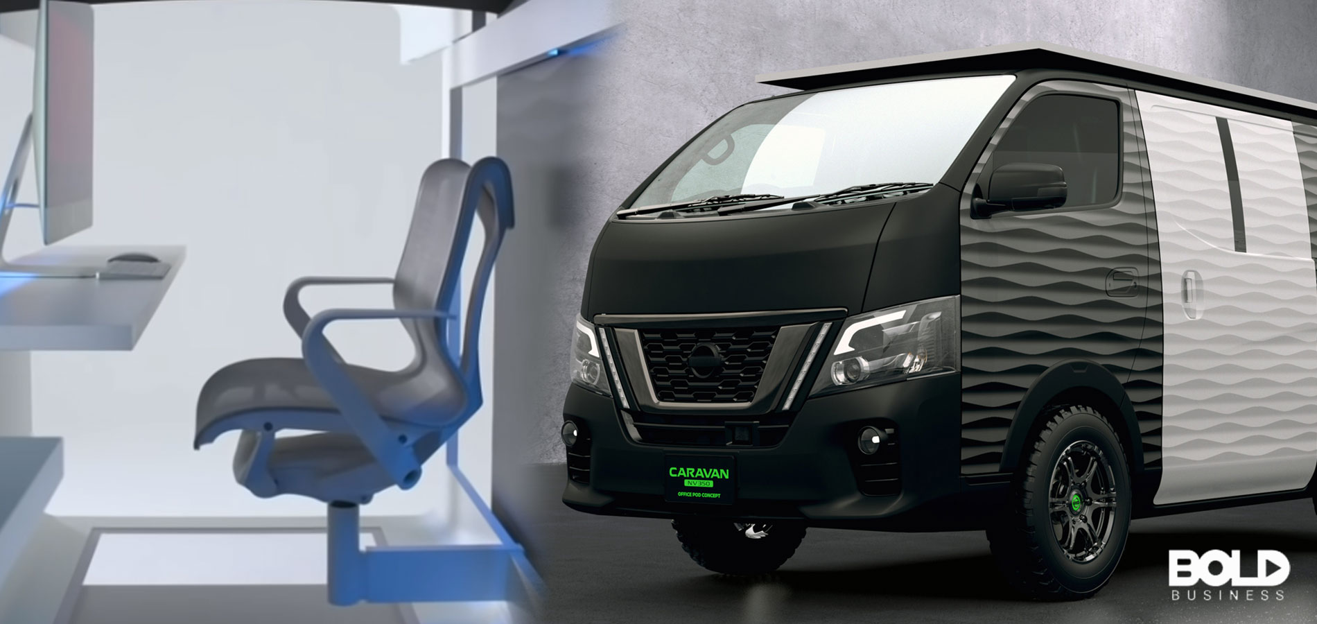 The view of an office pod, inside and out