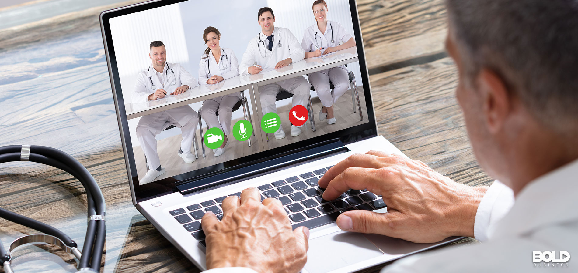 A medical professional conversing with his peers online