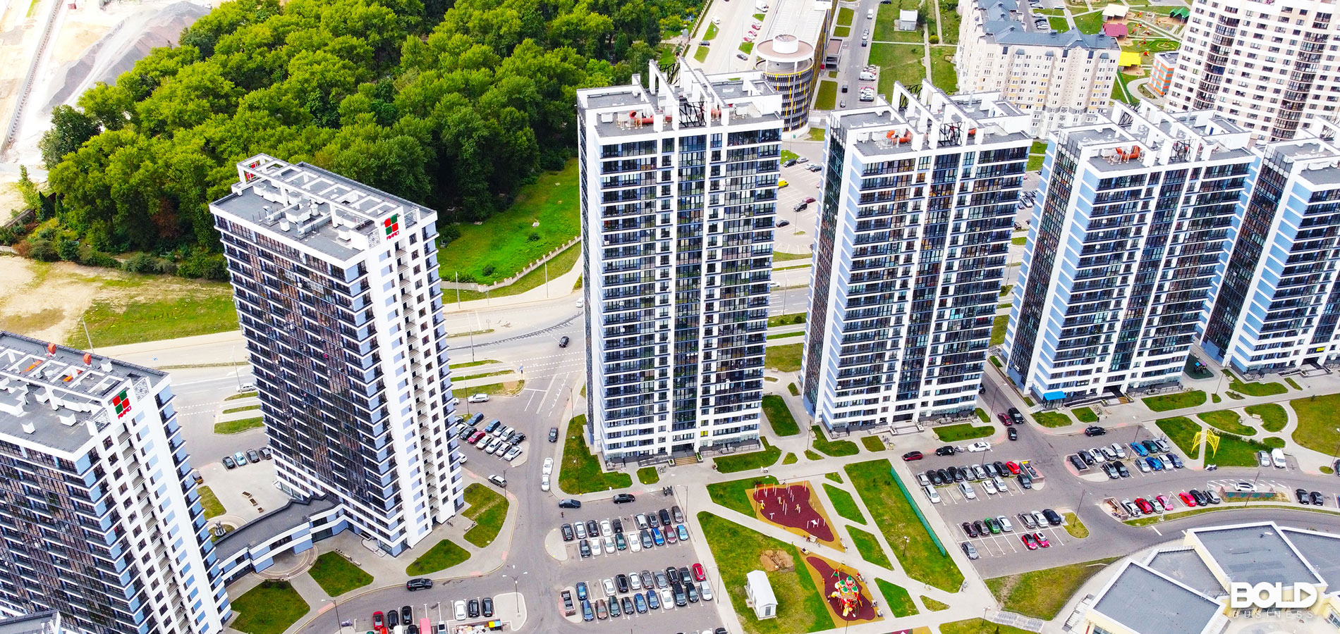 A drone;s-eye view of some buildings