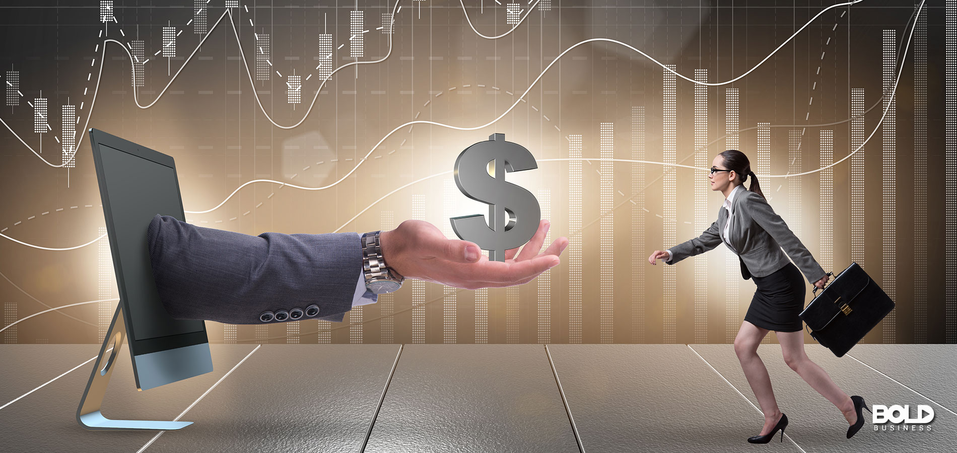 A businesswoman running towards a giant dollar sign