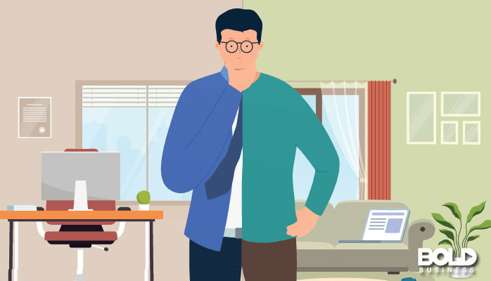 A cartoon man torn between two worlds