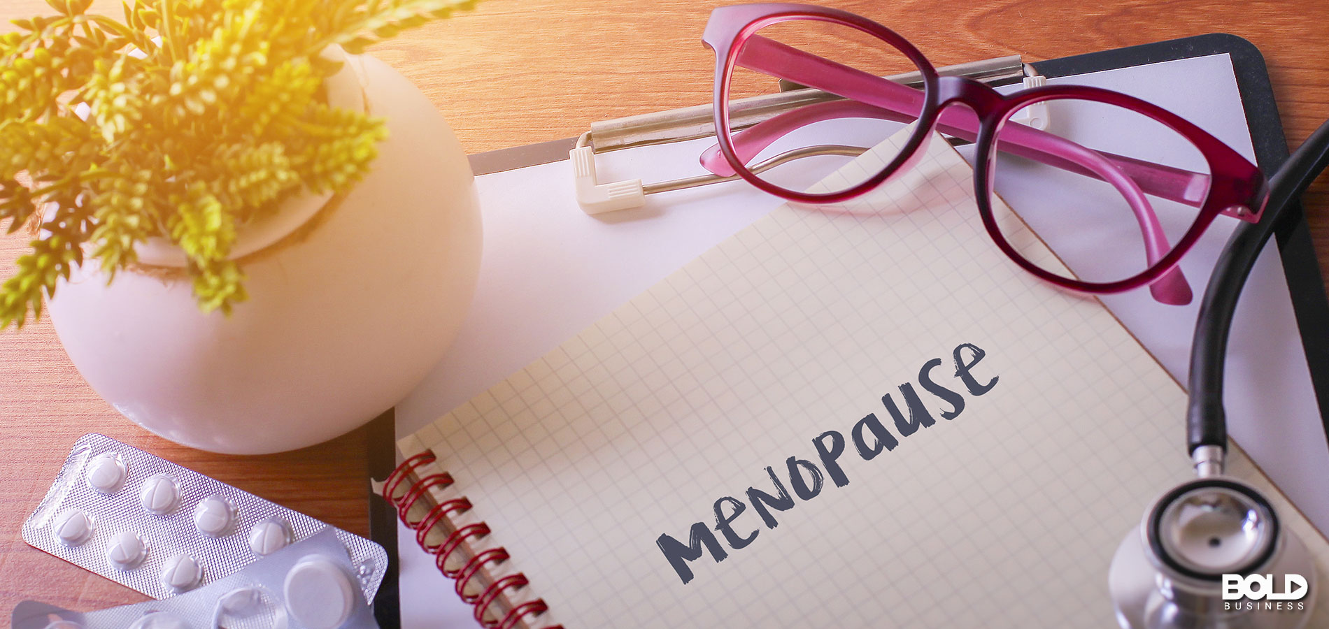 A notebook listing some menopause products