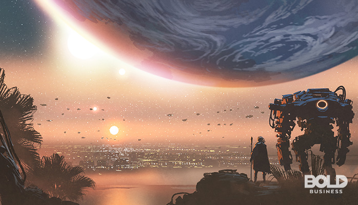 A scifi scape with a robot on another planet